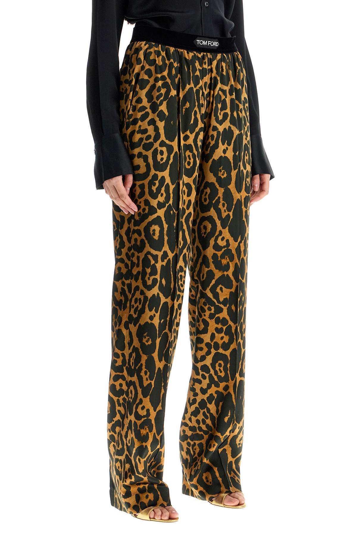 Tom Ford wide leg leopard print silk pants in camel and black image 1