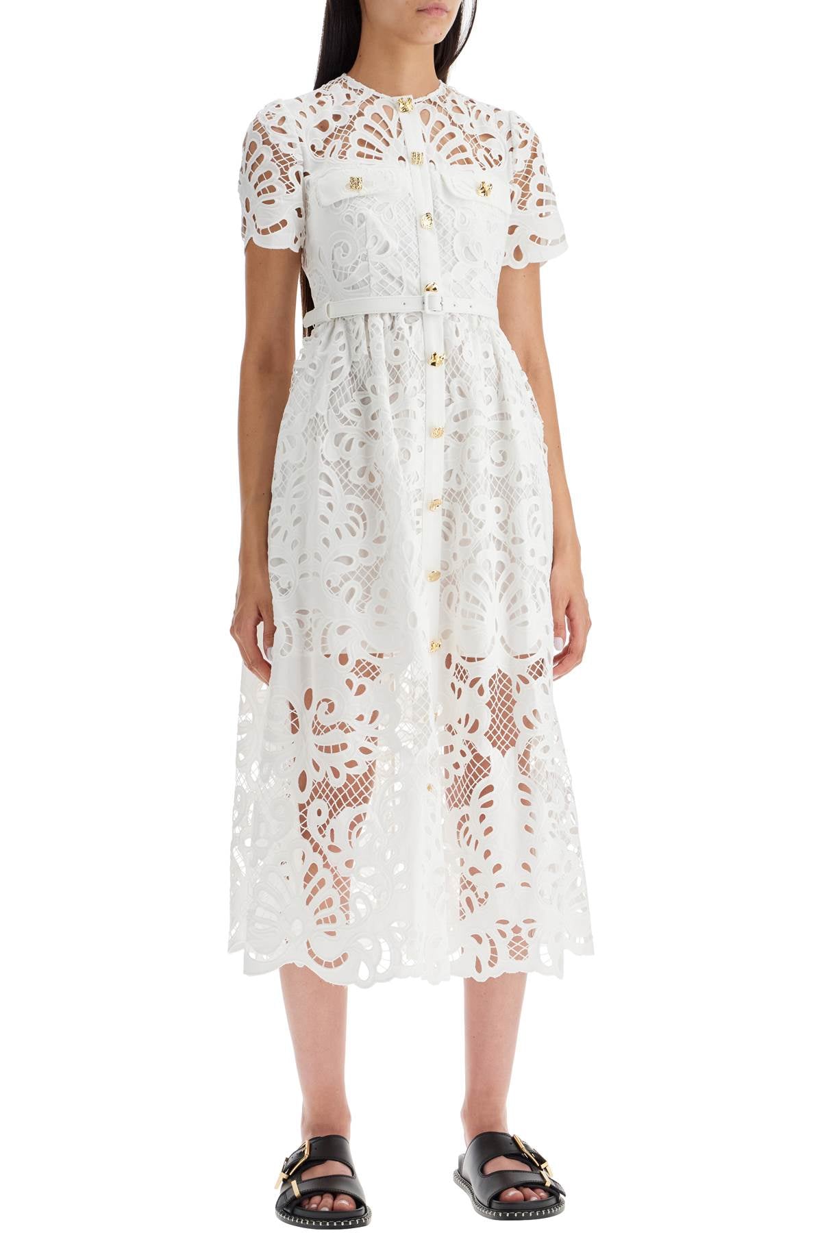 Self-Portrait Floral Lace Midi Dress with Belt image 1