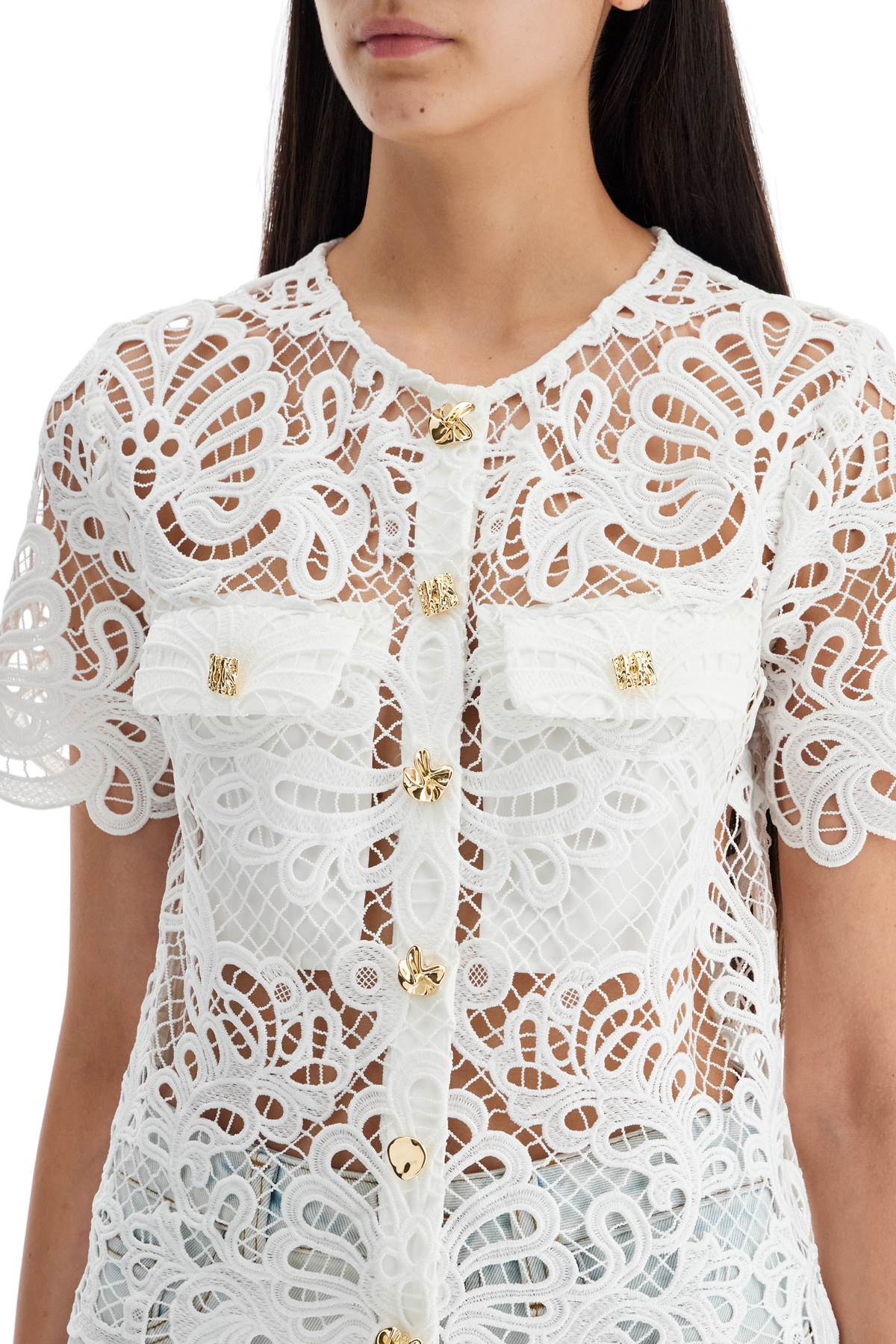 Self-Portrait Guipure Lace High Neck Short Sleeve Top image 3