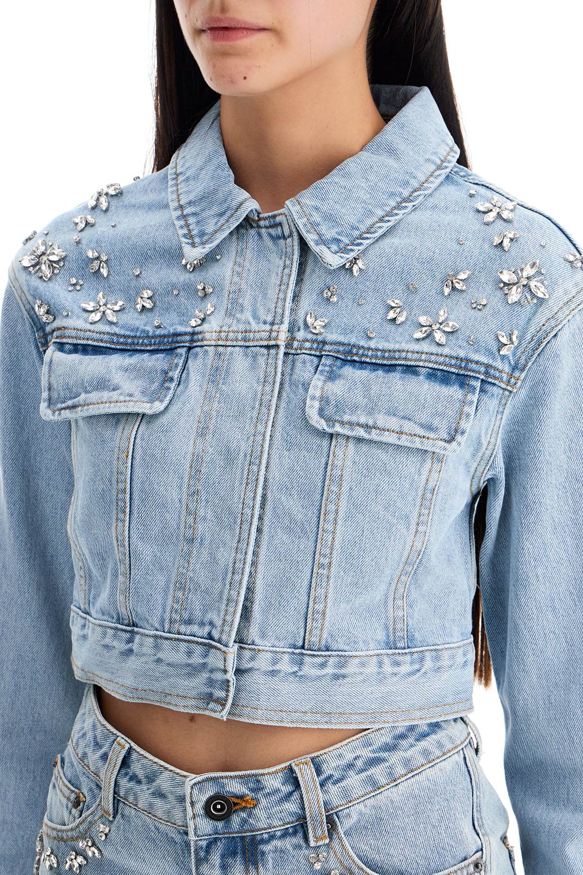 Self-Portrait Crystal-Embellished Denim Jacket image 3