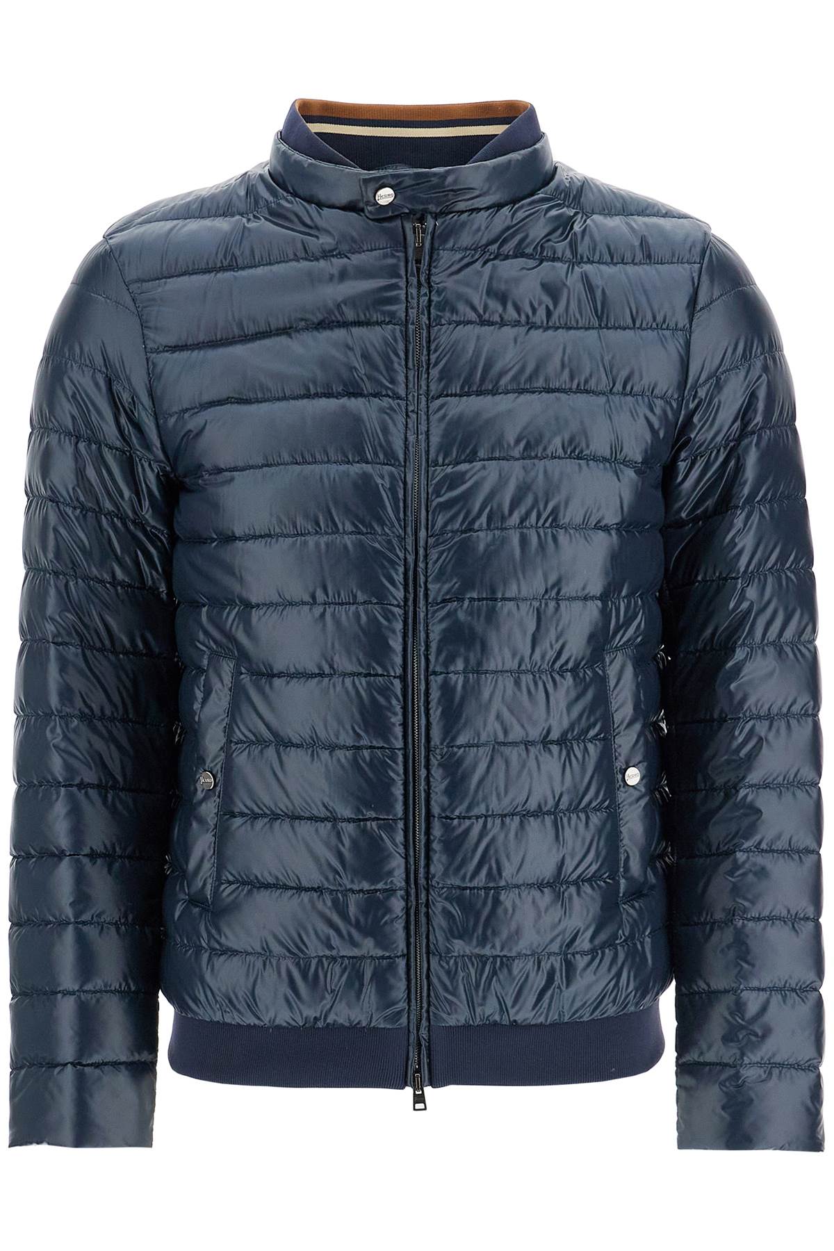 HERNO dark blue lightweight quilted nylon down jacket with high collar image 0