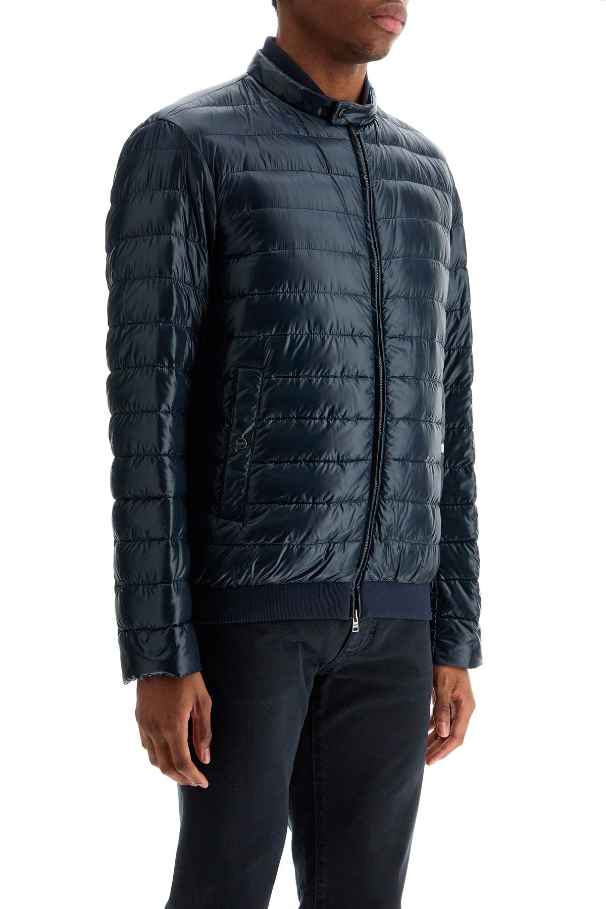 HERNO dark blue lightweight quilted nylon down jacket with high collar image 1