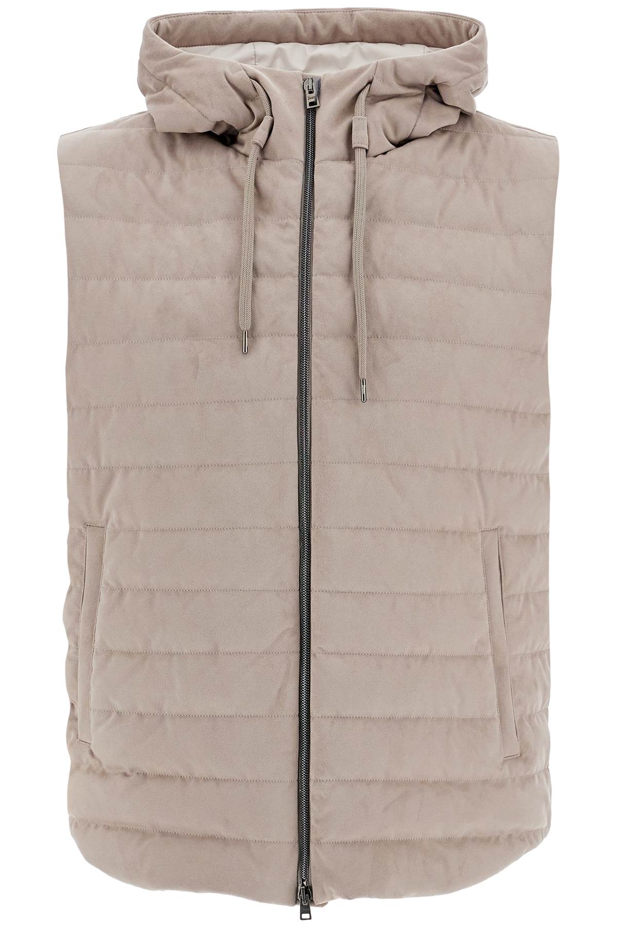 HERNO sleeveless down jacket in dove gray polyester with quilted hood image 0