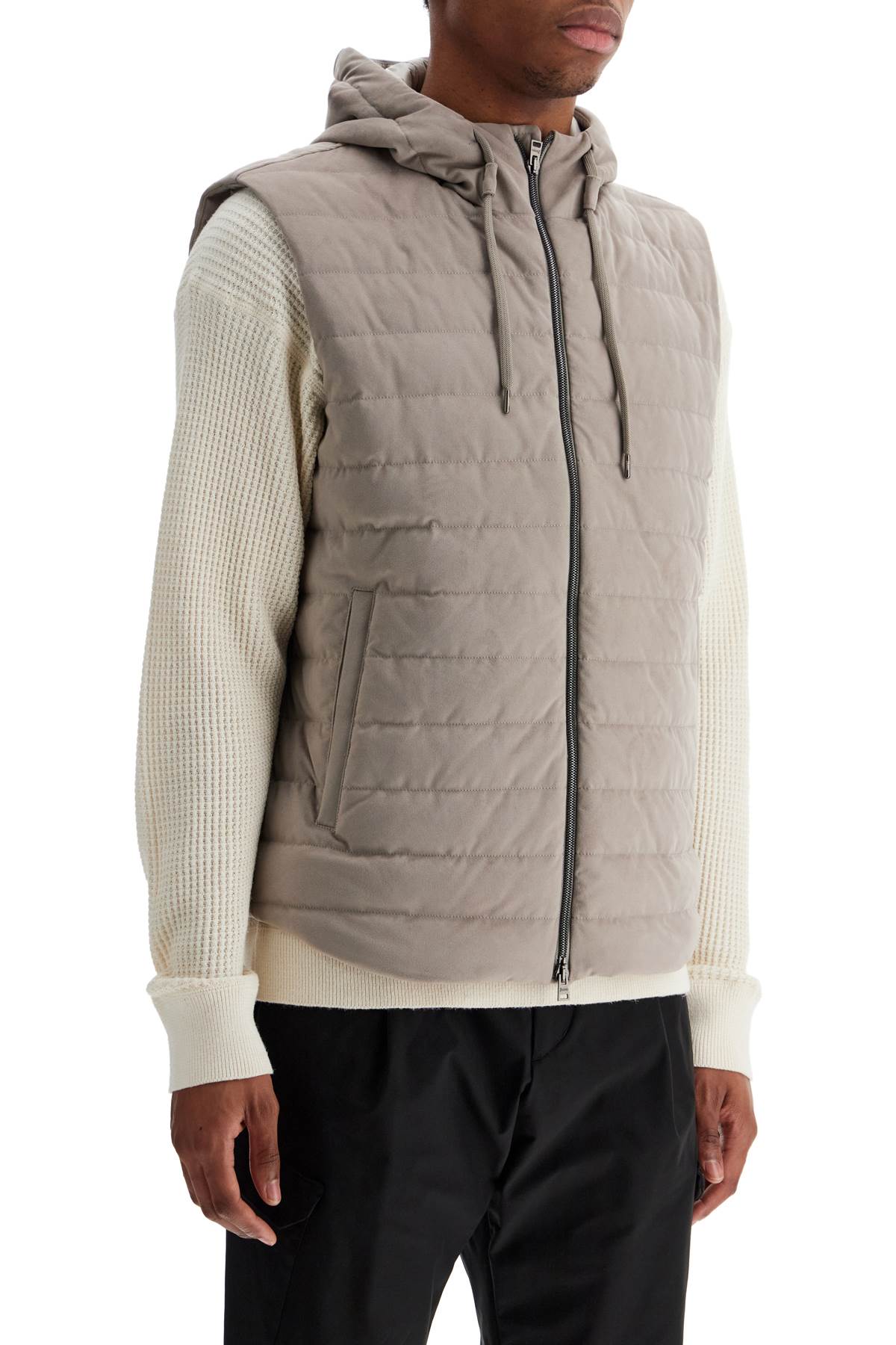 HERNO sleeveless down jacket in dove gray polyester with quilted hood image 1