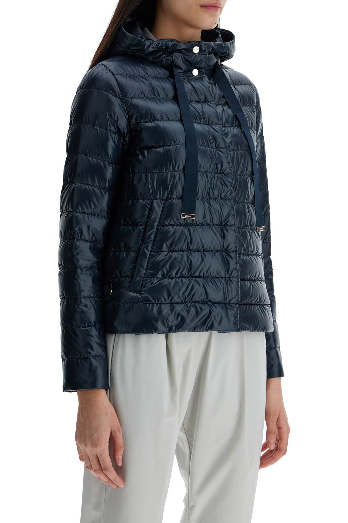 HERNO cropped down jacket with hood in ultralight dark blue nylon image 1