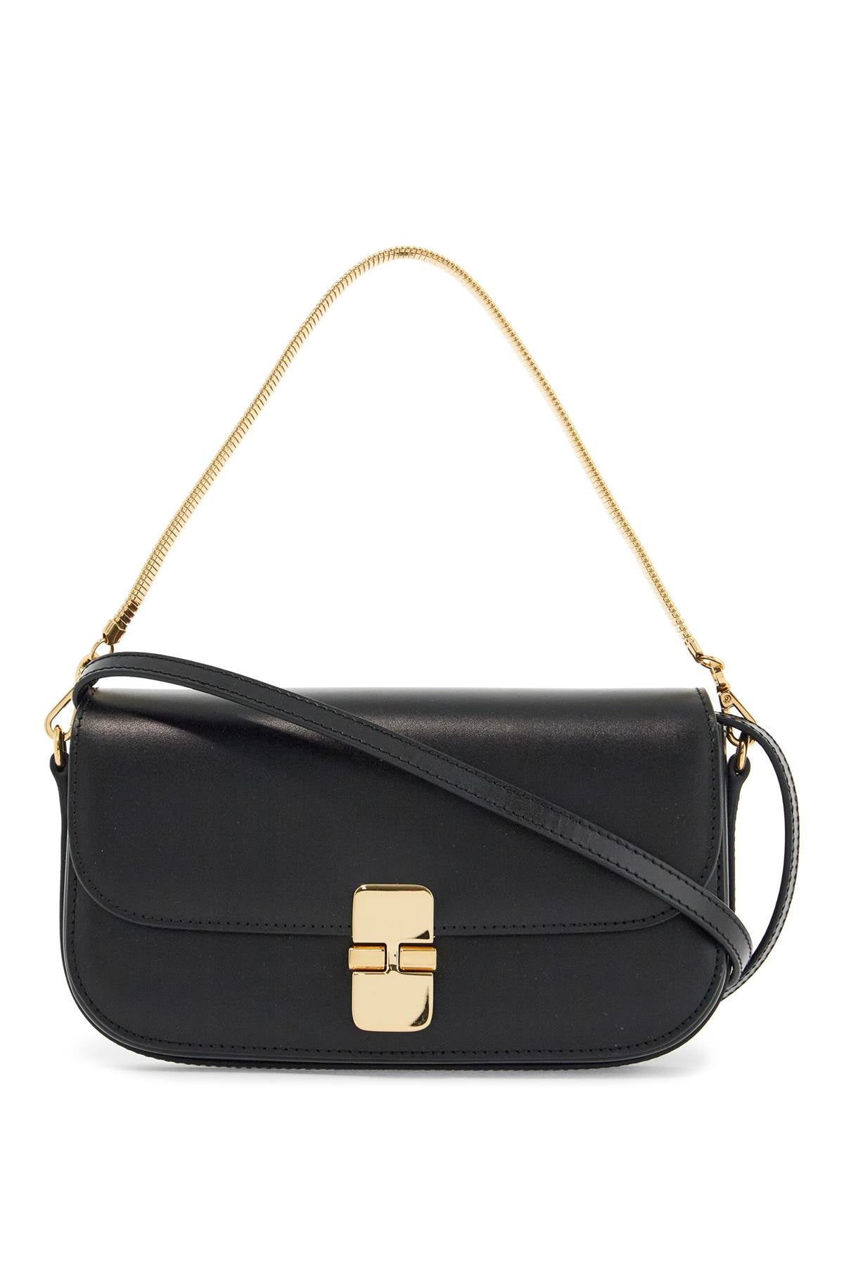 A.P.C. elegant black leather clutch with shoulder strap and gold chain image 0