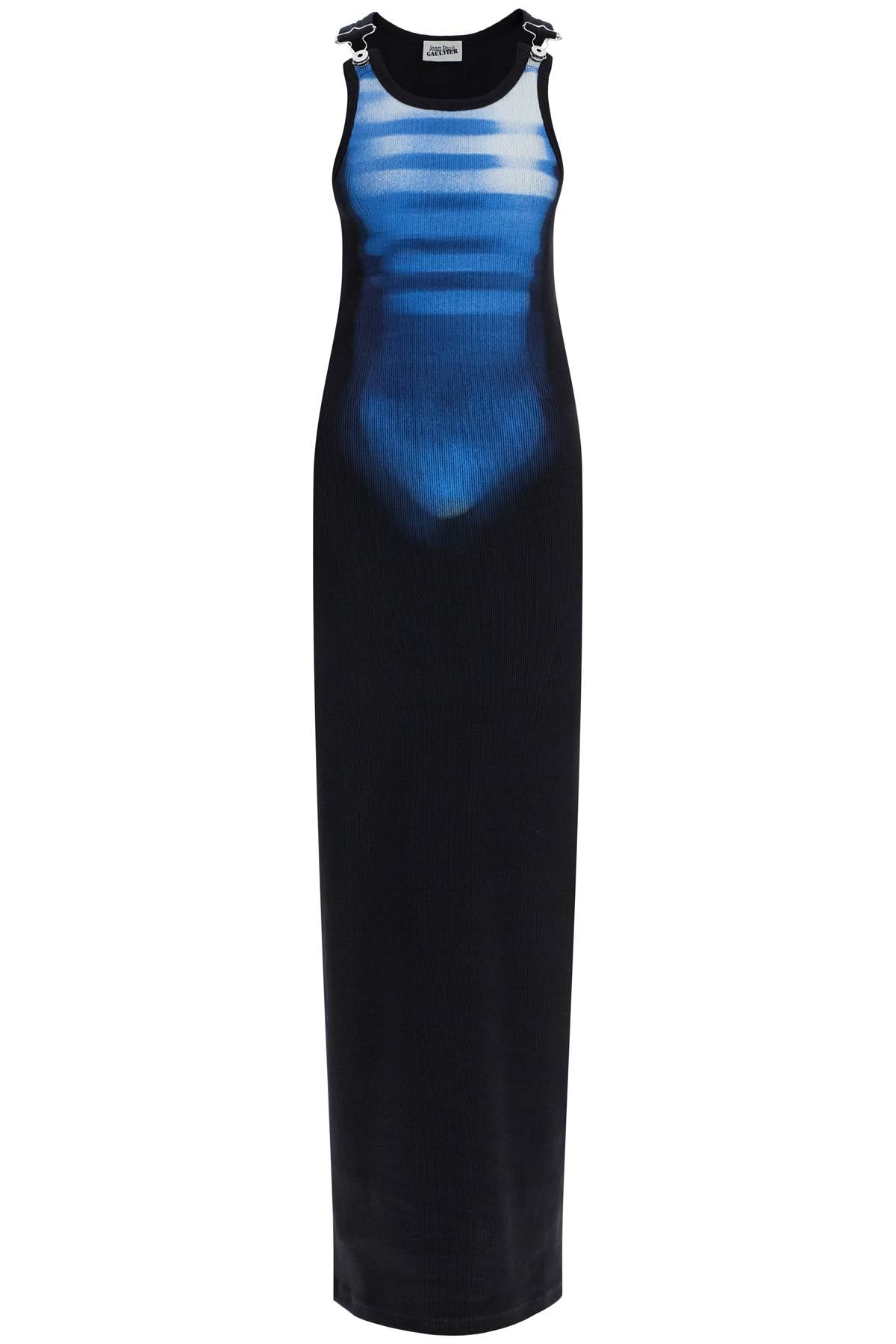 JEAN PAUL GAULTIER long fitted sleeveless dress in black and blue ribbed cotton image 0