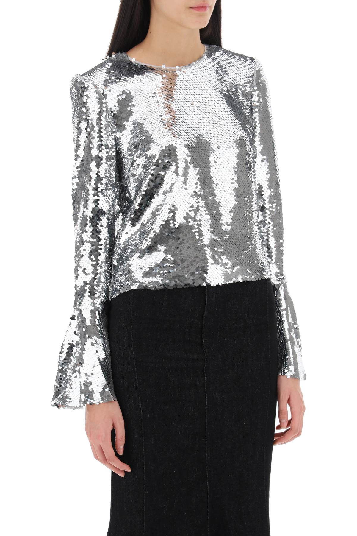 Self-Portrait Sequin Cropped Top with Fluted Sleeves image 1