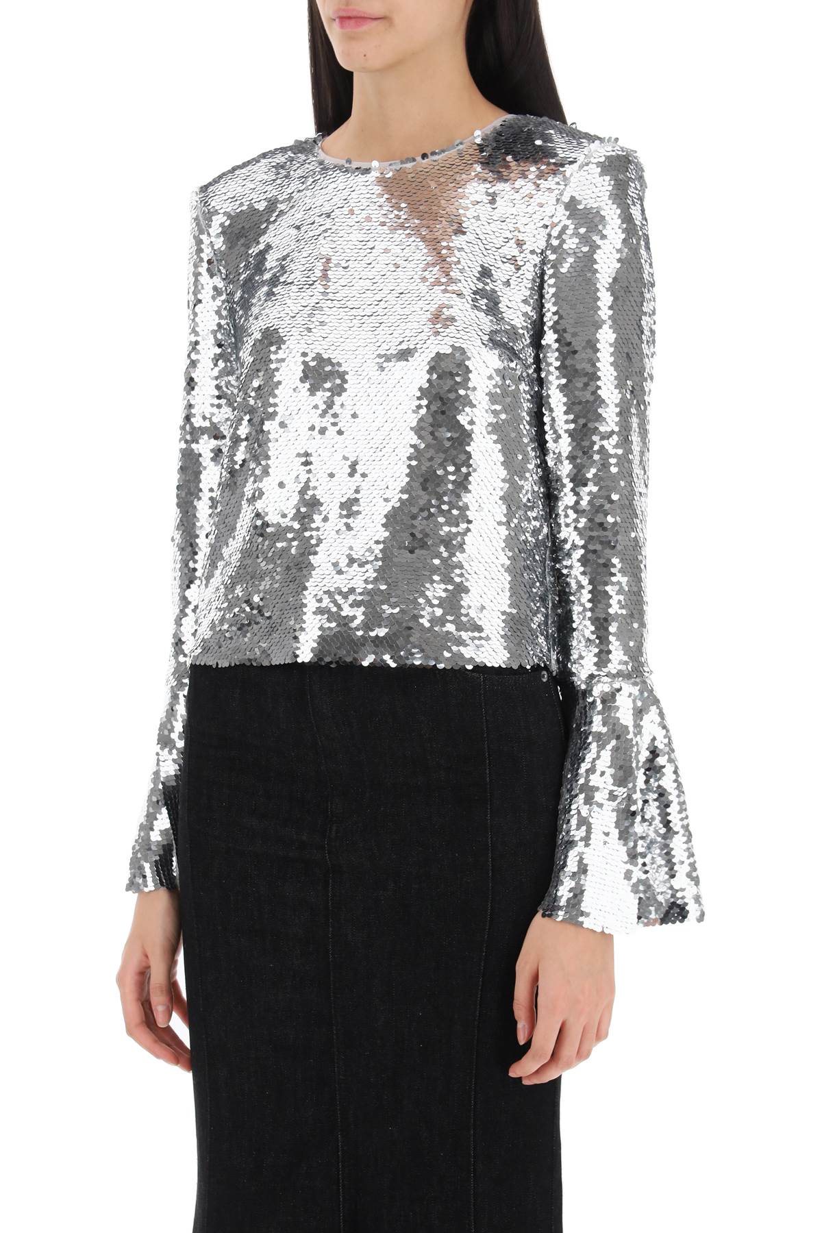 Self-Portrait Sequin Cropped Top with Fluted Sleeves image 3