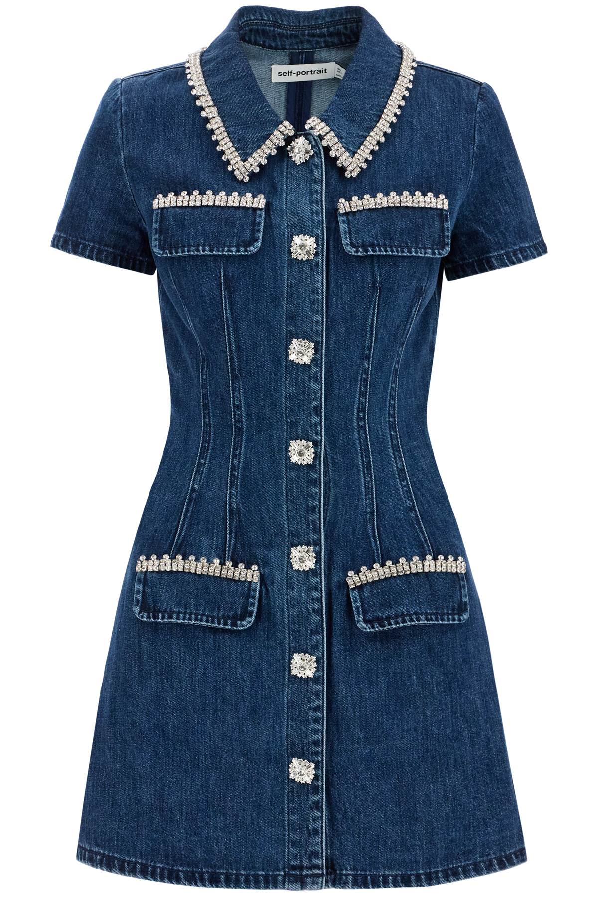 Self-Portrait Cotton Denim Mini Dress with Crystal Embellishments image 0