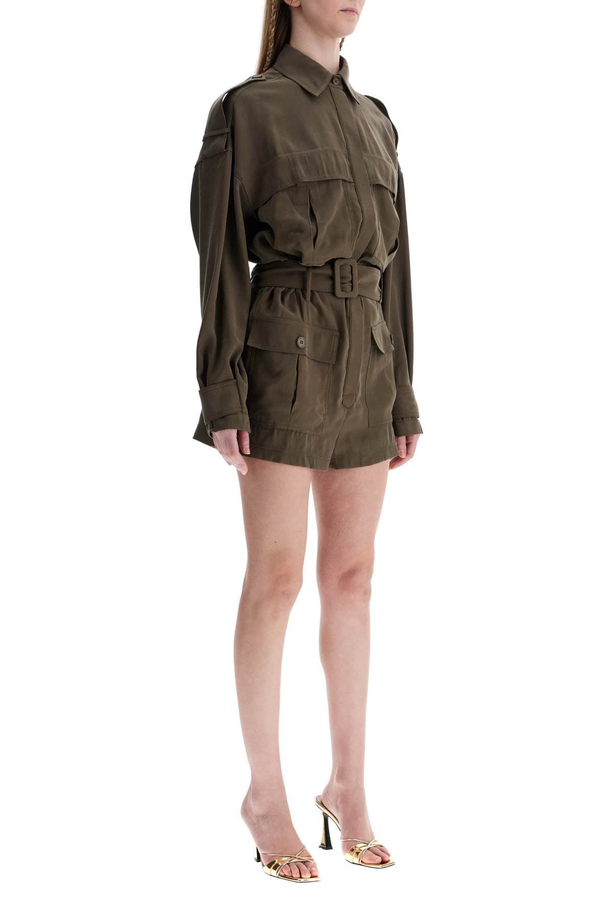 THE ANDAMANE khaki viscose short jumpsuit with adjustable waist image 1