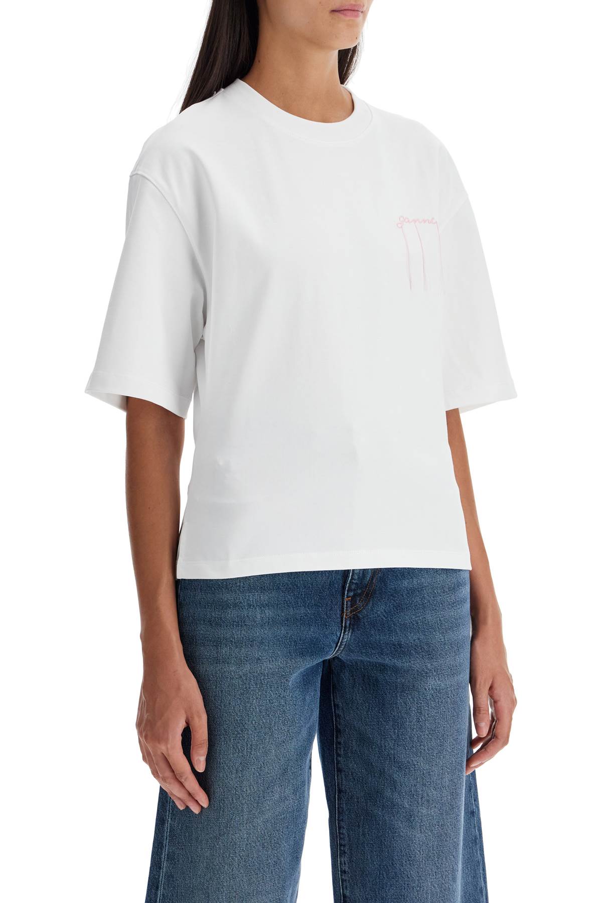 Ganni Frayed Embroidery Organic Cotton T-Shirt image 1