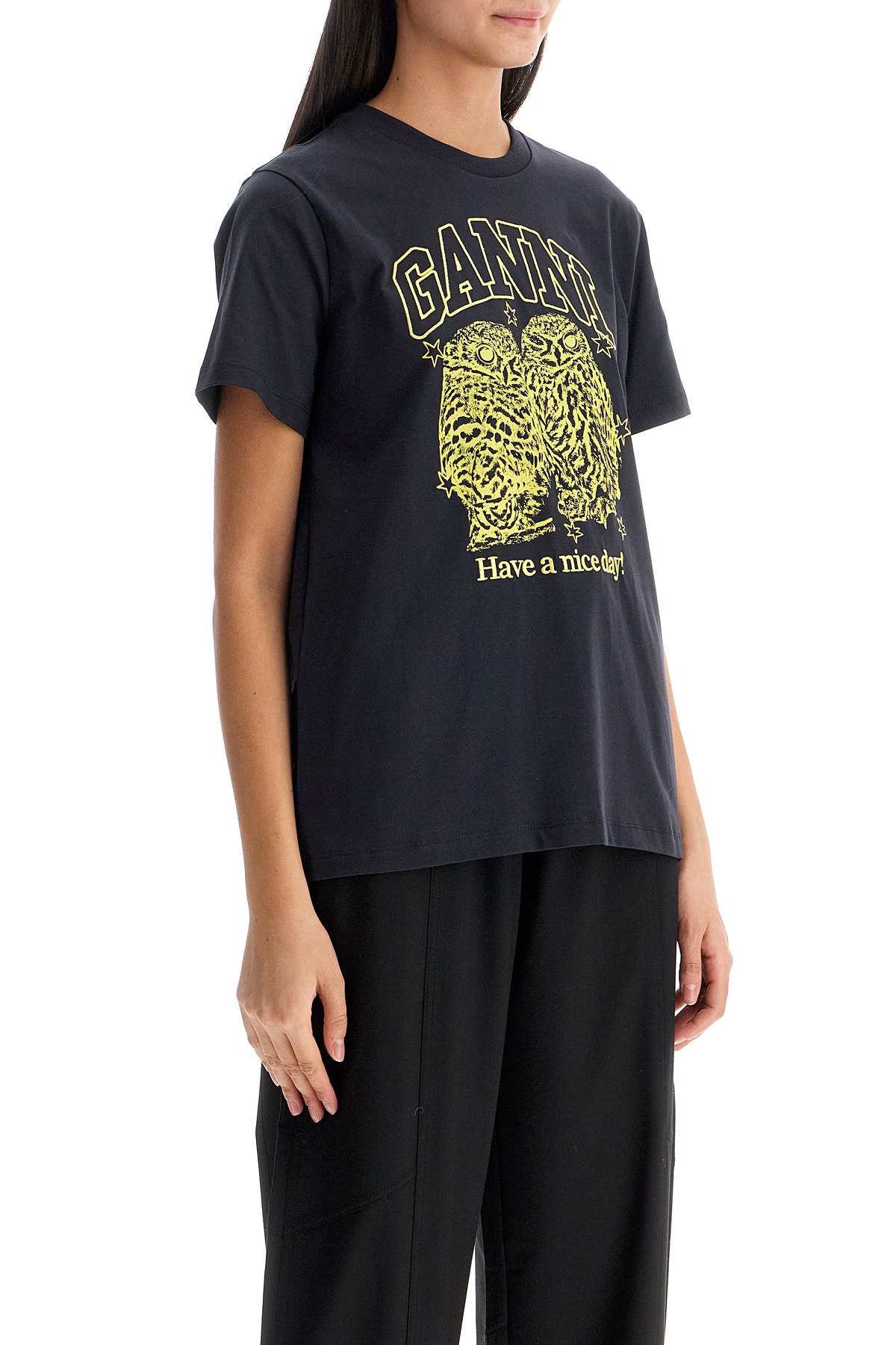 Ganni Relaxed Fit Organic Cotton T-Shirt with Owl Print image 1