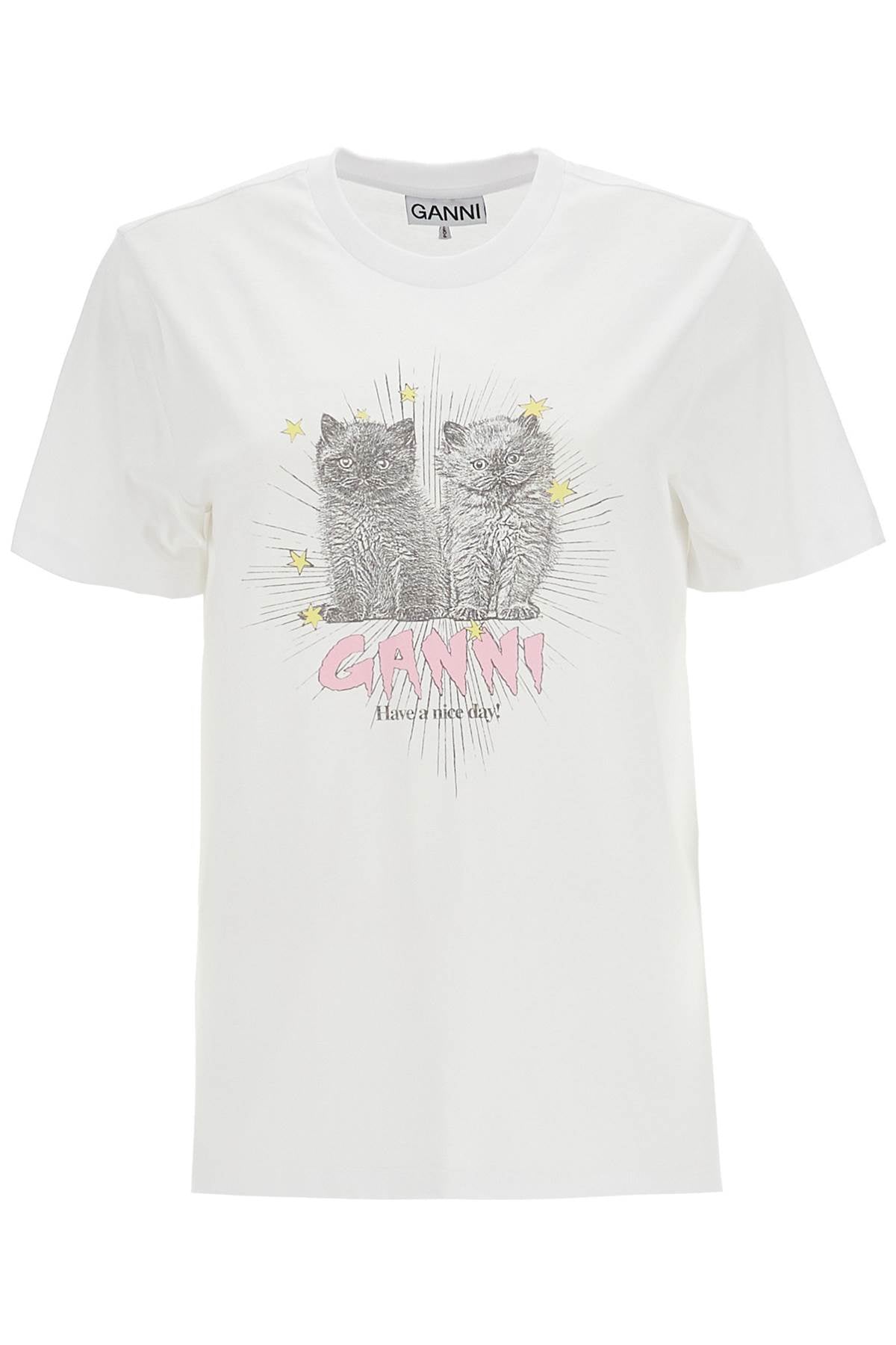 Ganni Relaxed Fit Organic Cotton T-Shirt with Kittens Print image 0