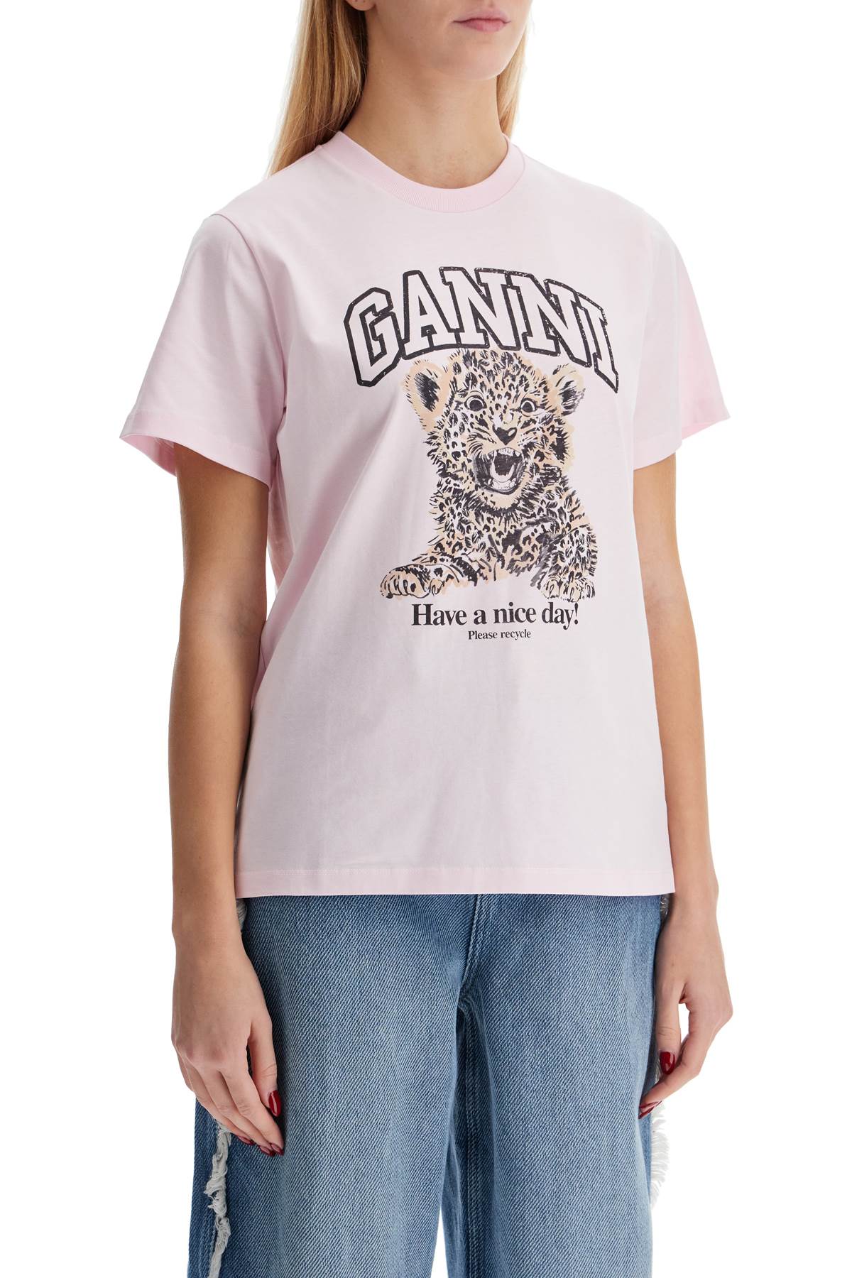 Ganni leopard print t-shirt with image 1