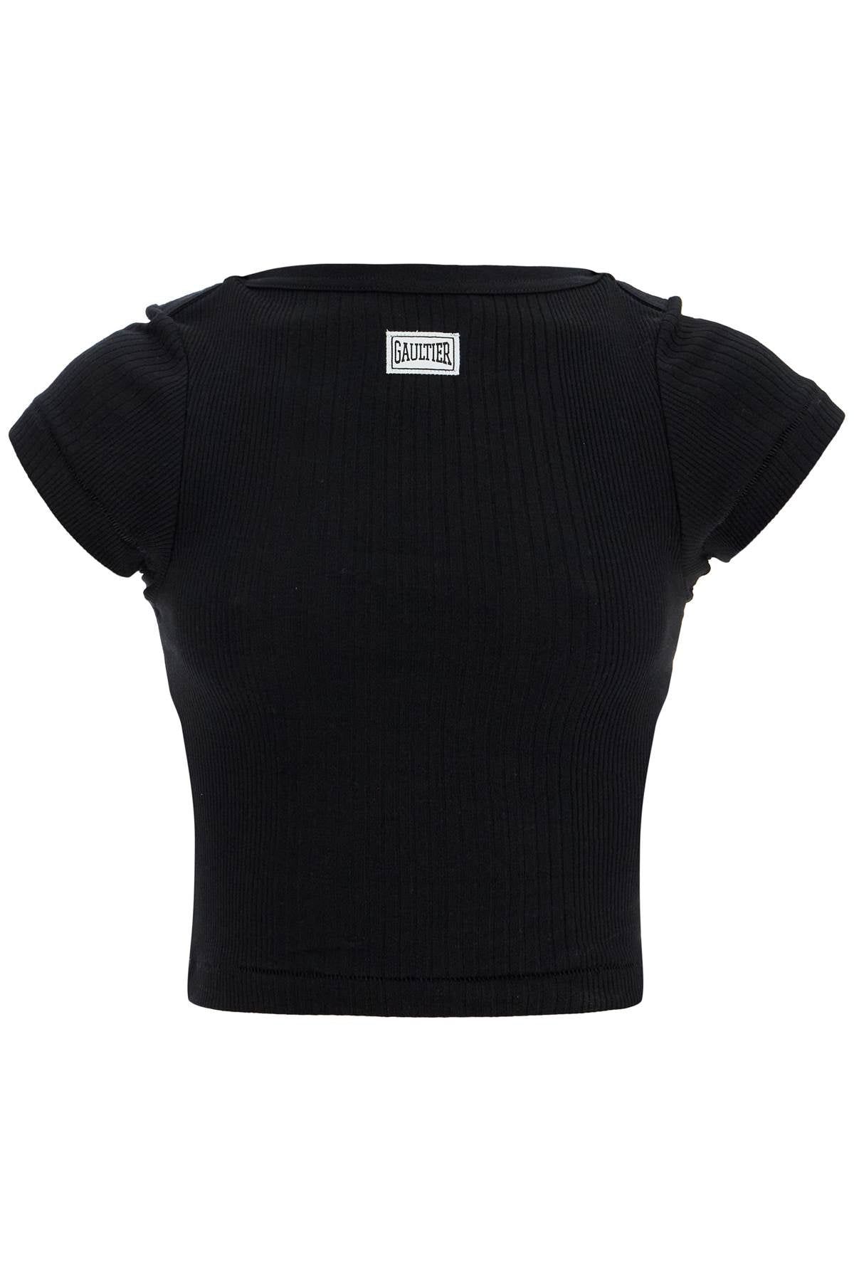 JEAN PAUL GAULTIER black cropped cotton ribbed t-shirt with logo image 0