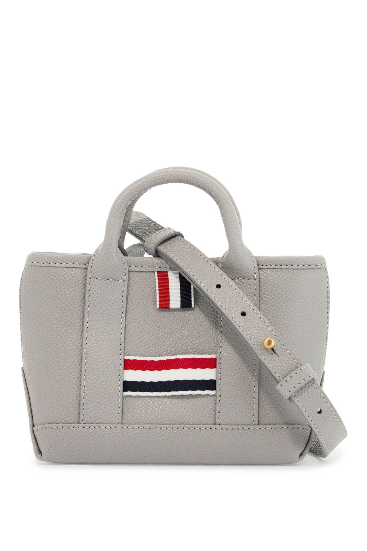 Thom Browne light gray leather micro tool tote bag with tricolor stripes image 0