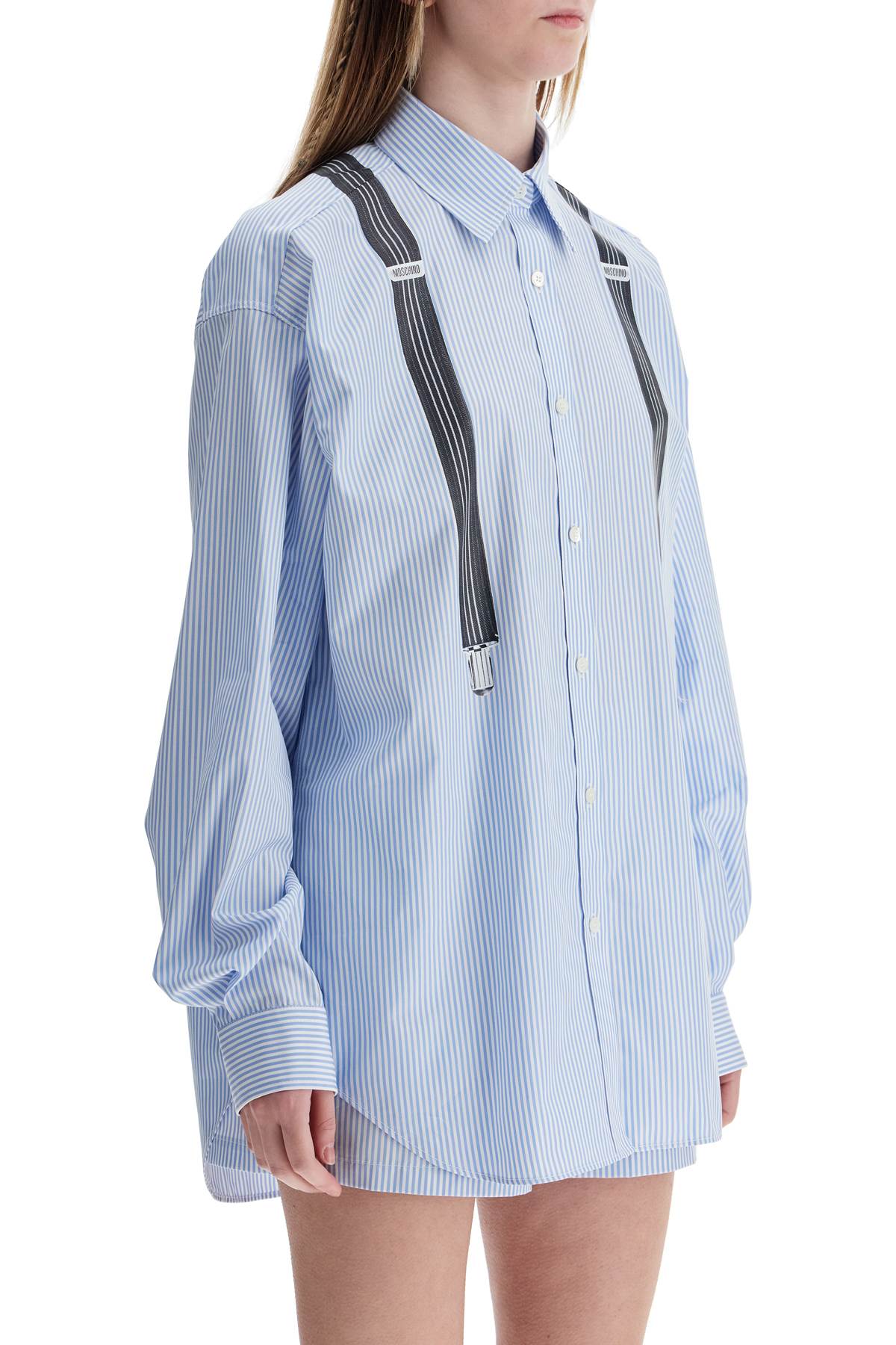 Moschino light blue cotton striped shirt with decorative straps image 1